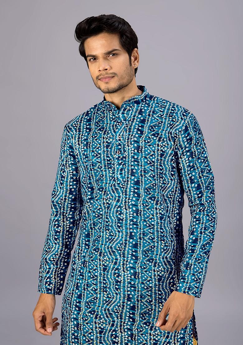 Petrol Blue Printed Cotton Kurta For Men - Indya