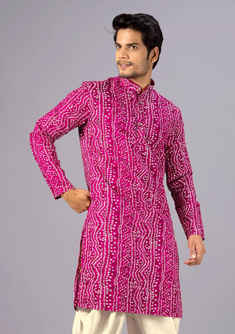 Pink Printed Cotton Kurta For Men - Indya