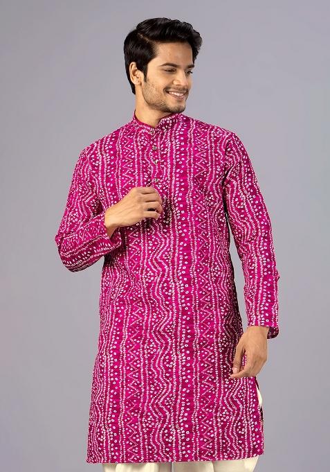 Pink Printed Cotton Kurta For Men