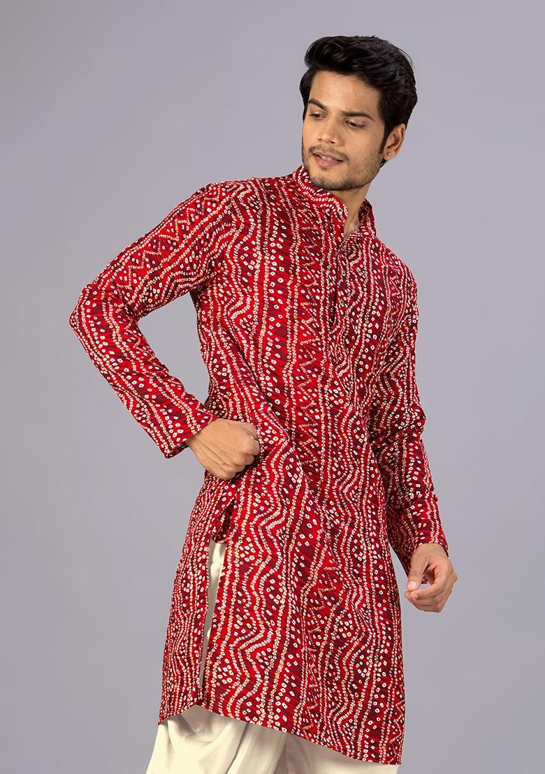 Red Printed Cotton Kurta For Men - Indya