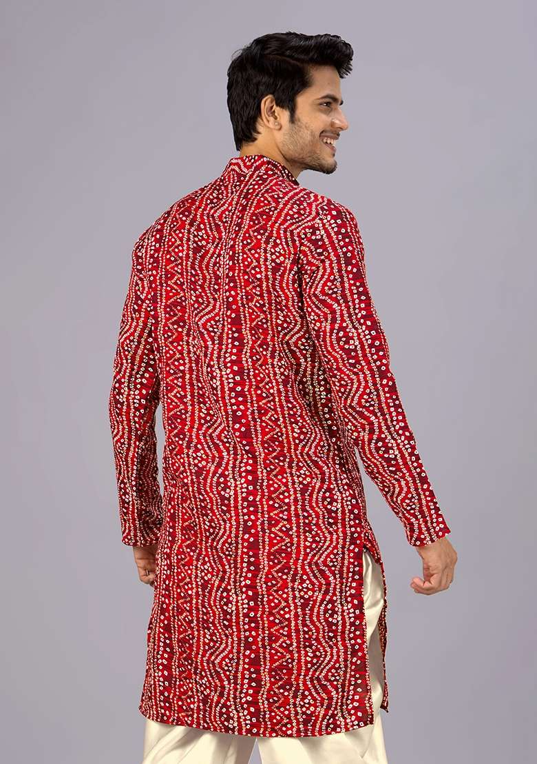 Red Printed Cotton Kurta For Men - Indya
