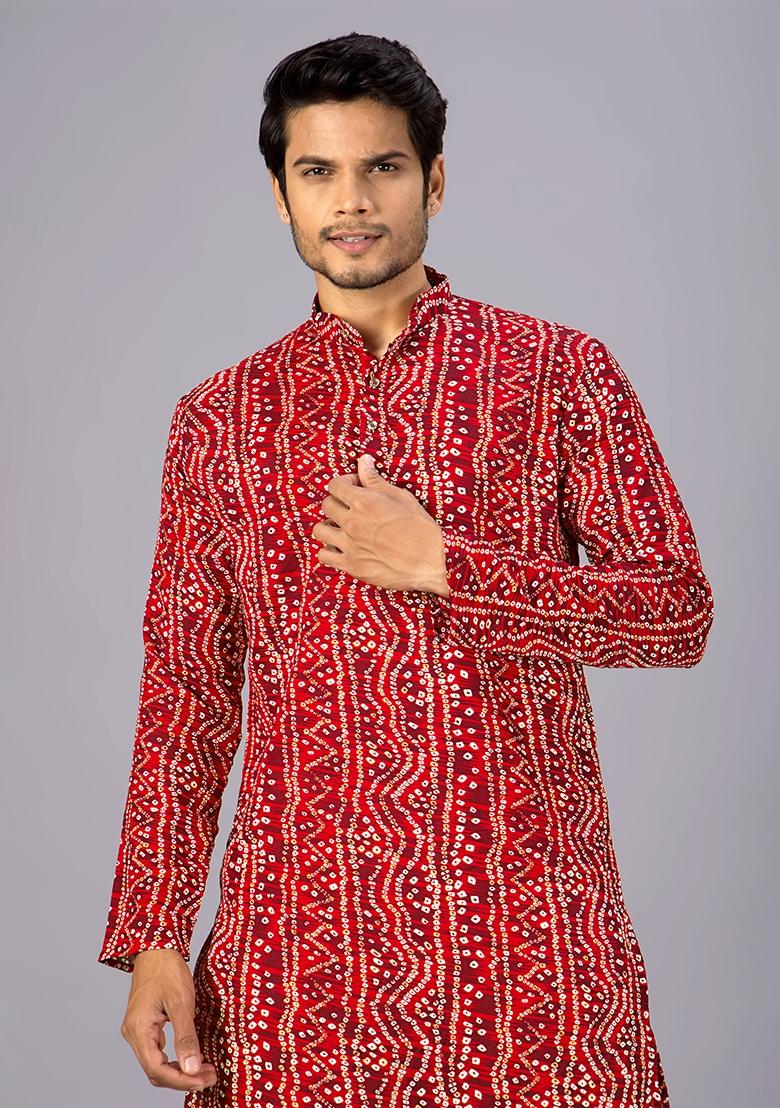 Red Printed Cotton Kurta For Men - Indya