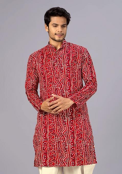 Red Printed Cotton Kurta For Men