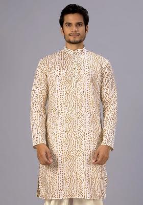White Printed Cotton Kurta For Men