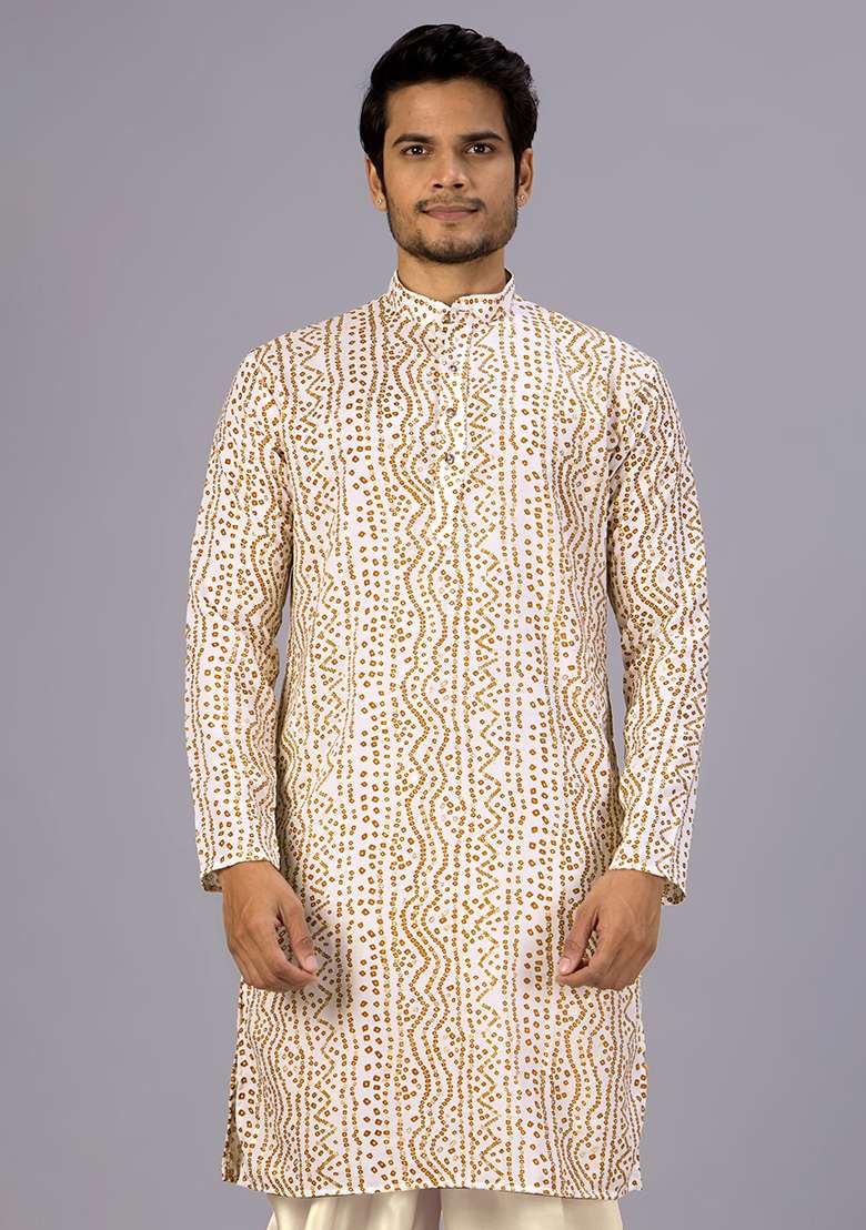 White Printed Cotton Kurta For Men - Indya
