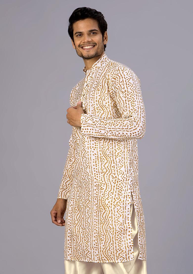 White Printed Cotton Kurta For Men - Indya