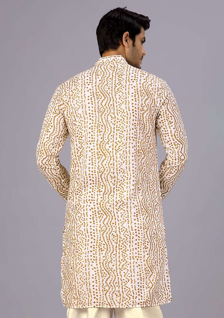 White Printed Cotton Kurta For Men - Indya