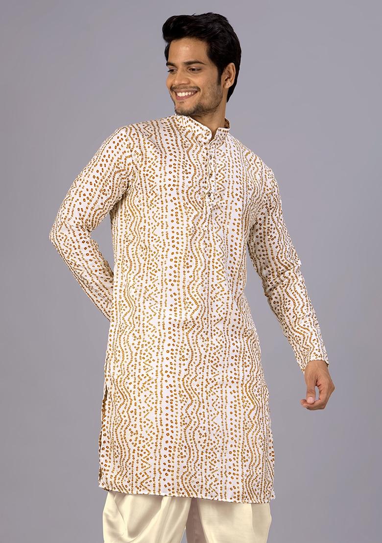 White Printed Cotton Kurta For Men - Indya