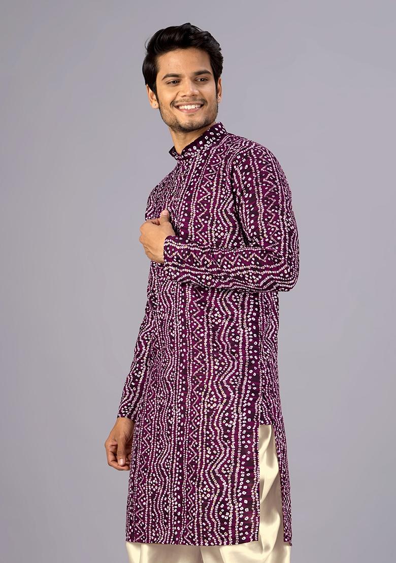 Wine Printed Cotton Kurta For Men - Indya