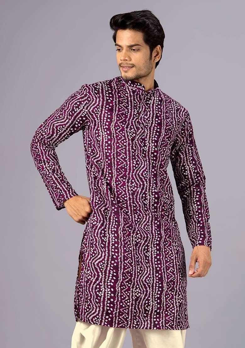 Wine Printed Cotton Kurta For Men - Indya
