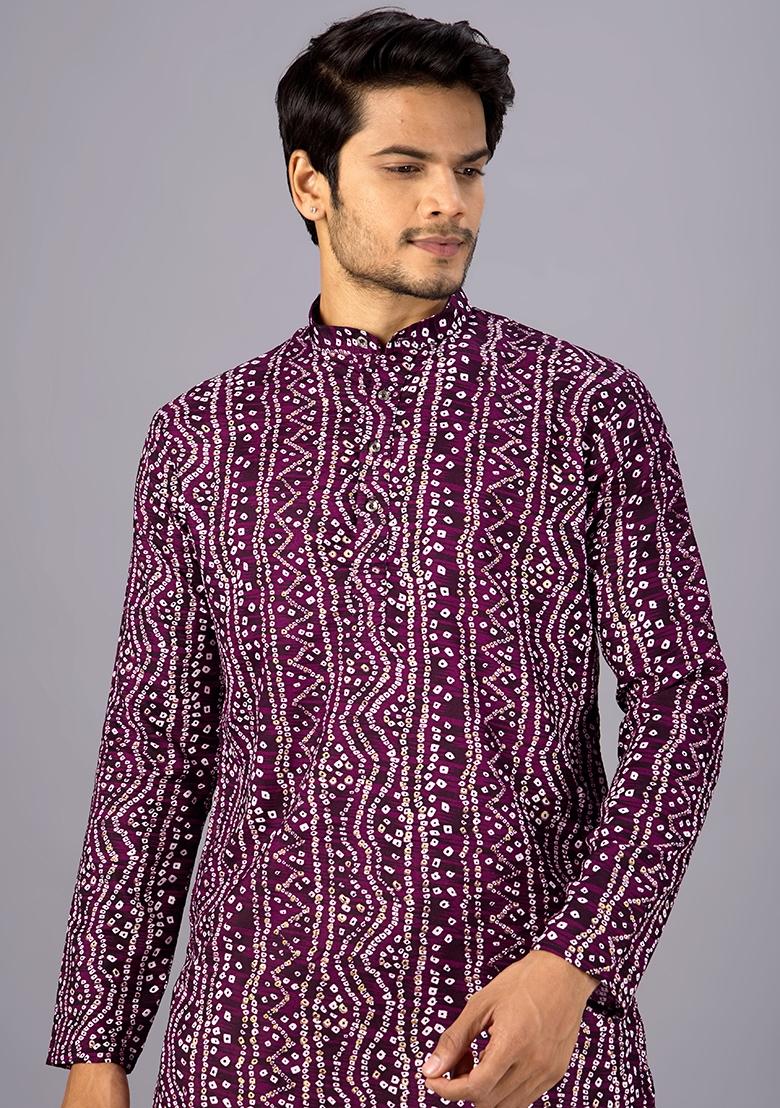 Wine Printed Cotton Kurta For Men - Indya