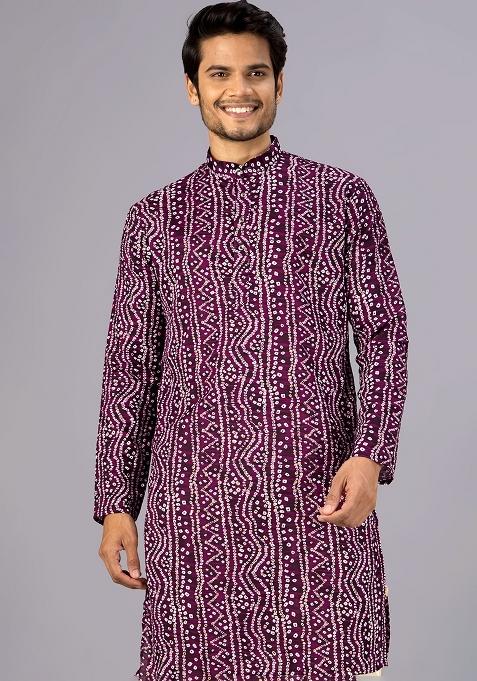 Wine Printed Cotton Kurta For Men