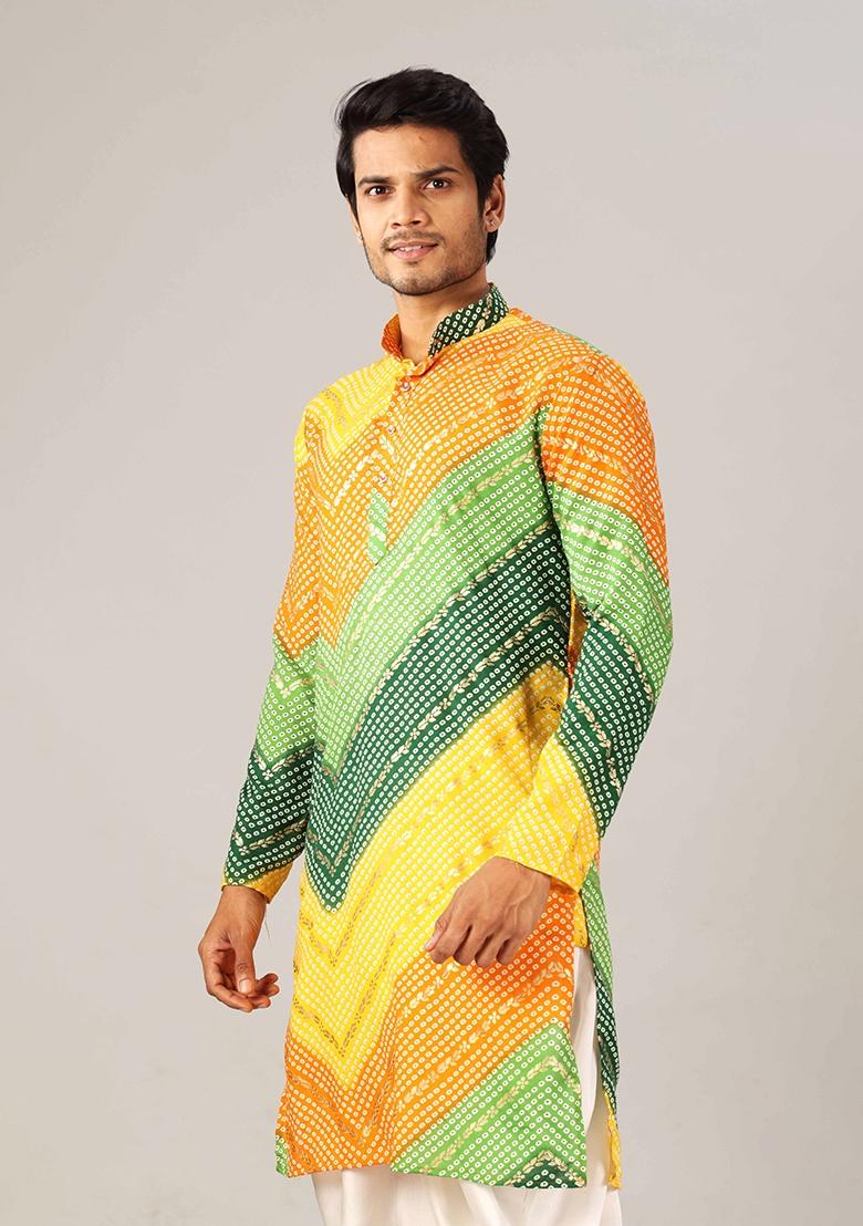 Green And Yellow Printed Cotton Kurta For Men - Indya