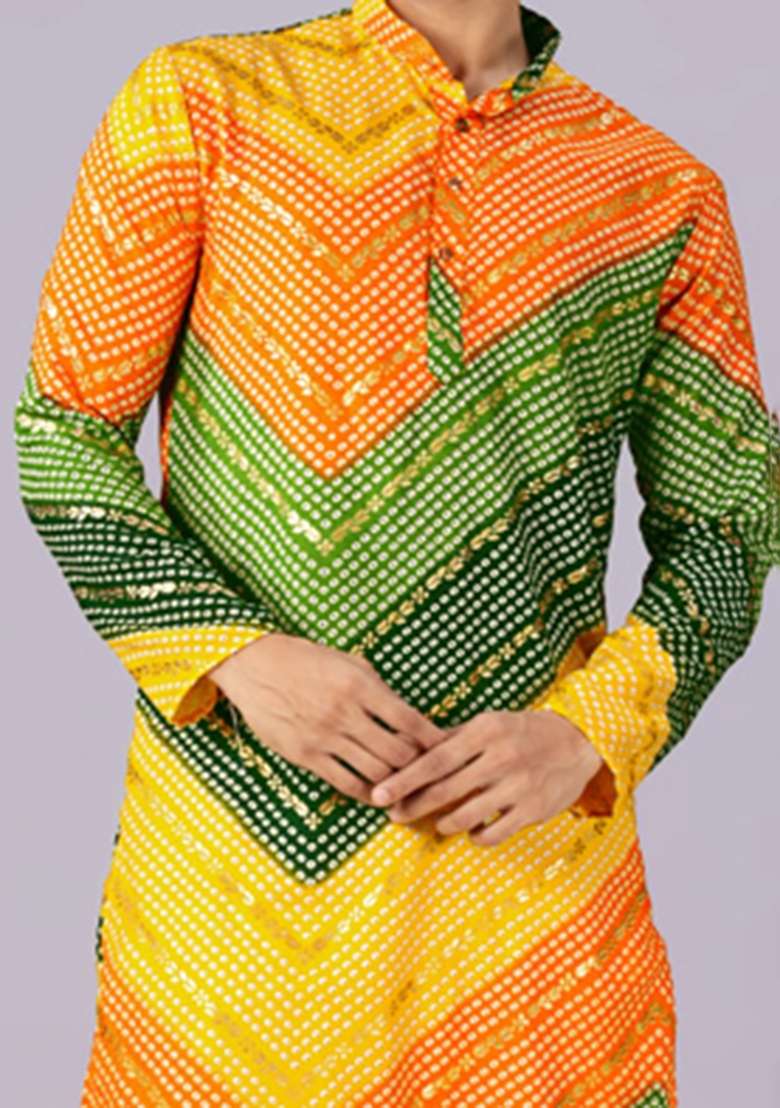 Green And Yellow Printed Cotton Kurta For Men - Indya