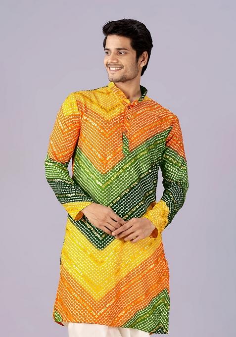 Green And Yellow Printed Cotton Kurta For Men