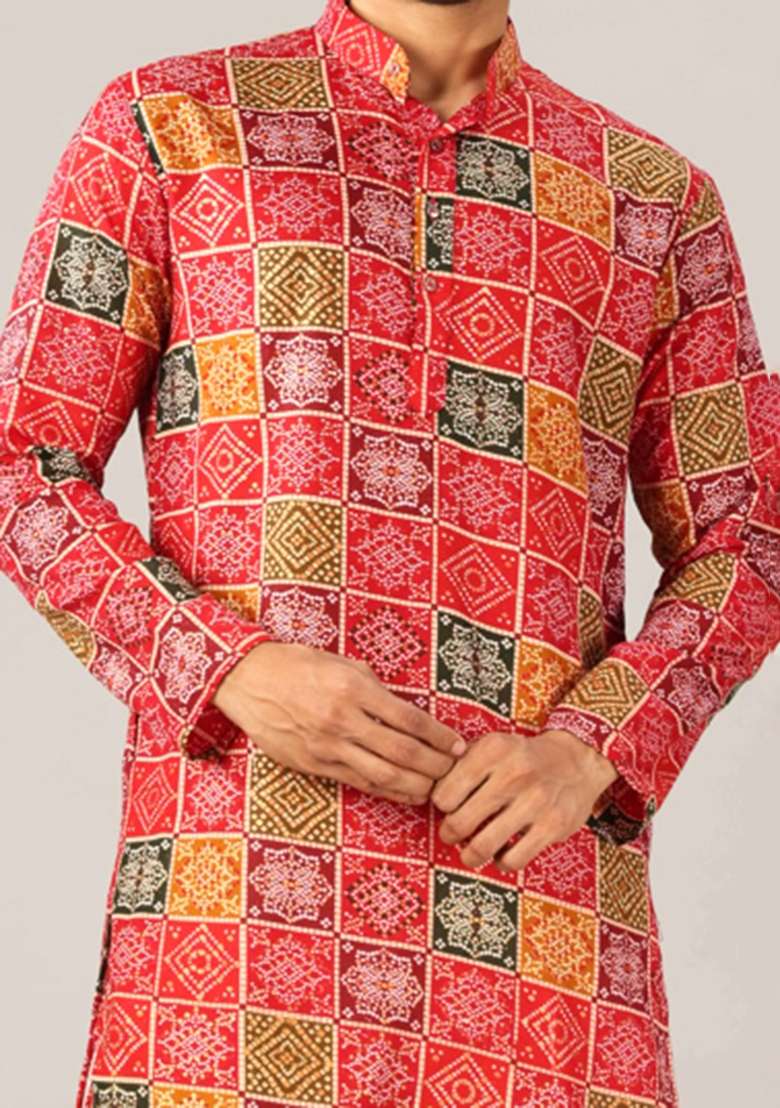 Multicolor Printed Cotton Kurta For Men - Indya