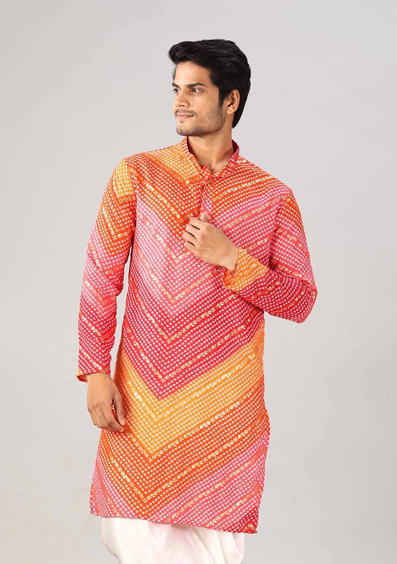 Orange And Pink Printed Cotton Kurta For Men - Indya