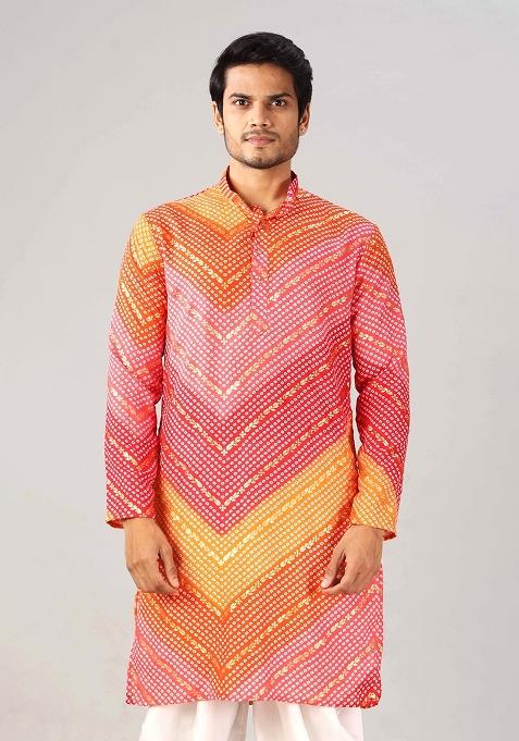 Orange And Pink Printed Cotton Kurta For Men