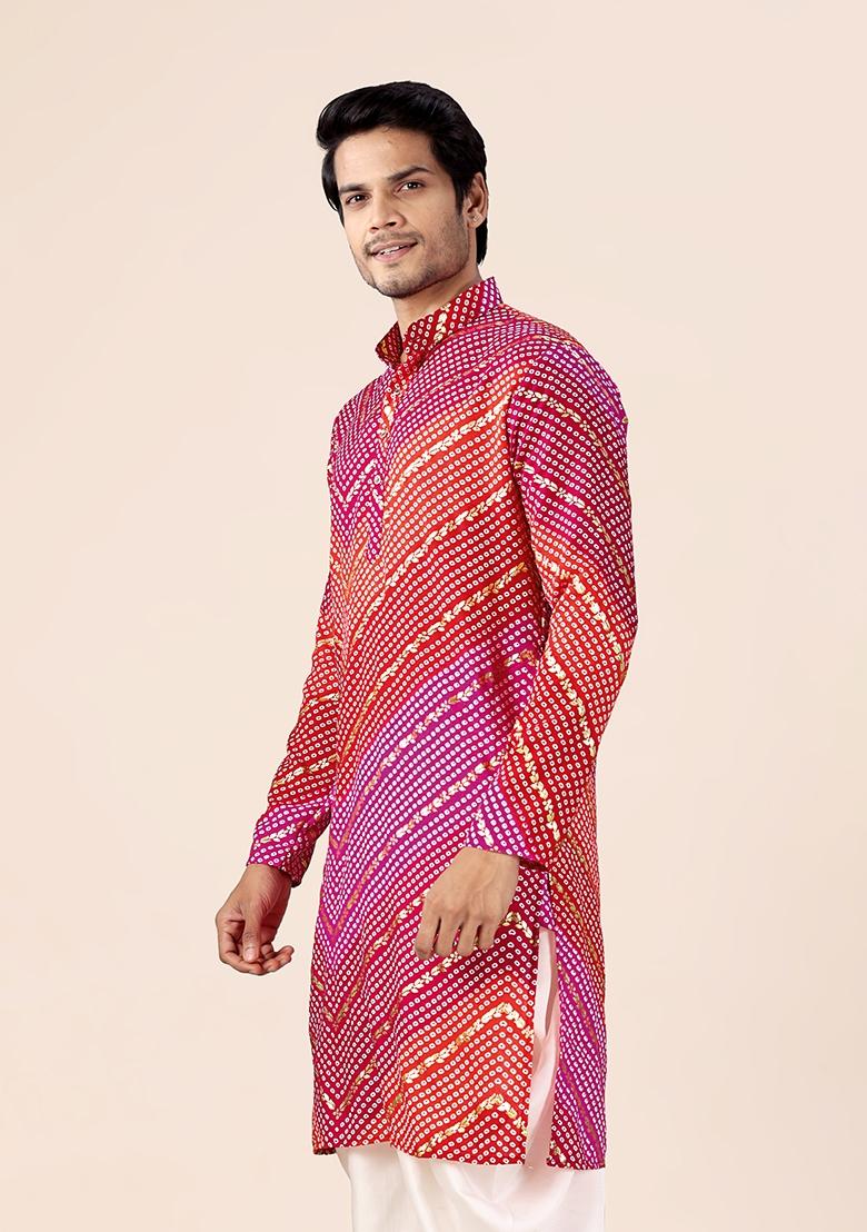 Pink And Red Printed Cotton Kurta For Men - Indya