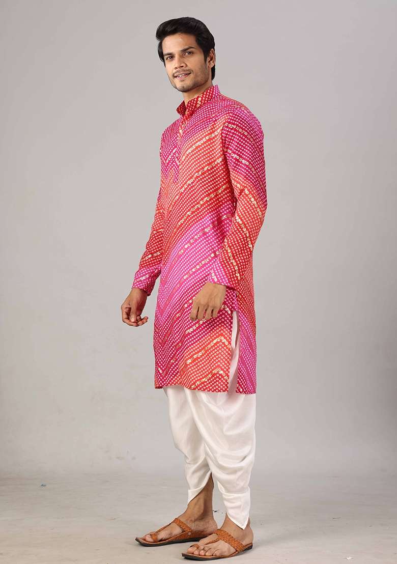 Pink And Red Printed Cotton Kurta For Men - Indya