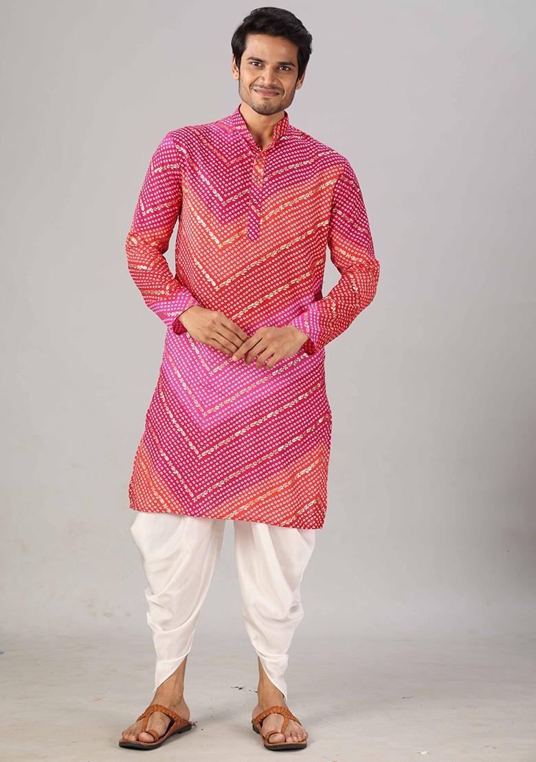 Pink And Red Printed Cotton Kurta For Men - Indya