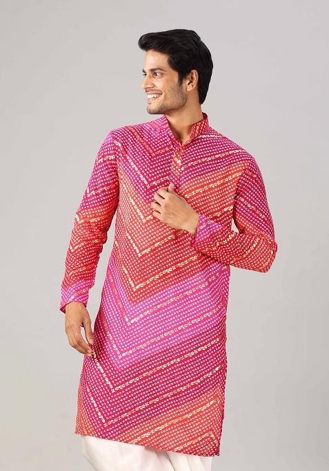 Pink And Red Printed Cotton Kurta For Men