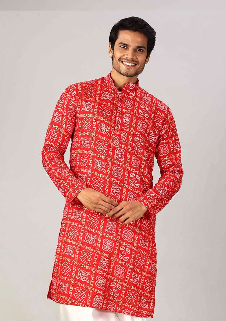 Red Printed Cotton Kurta For Men - Indya