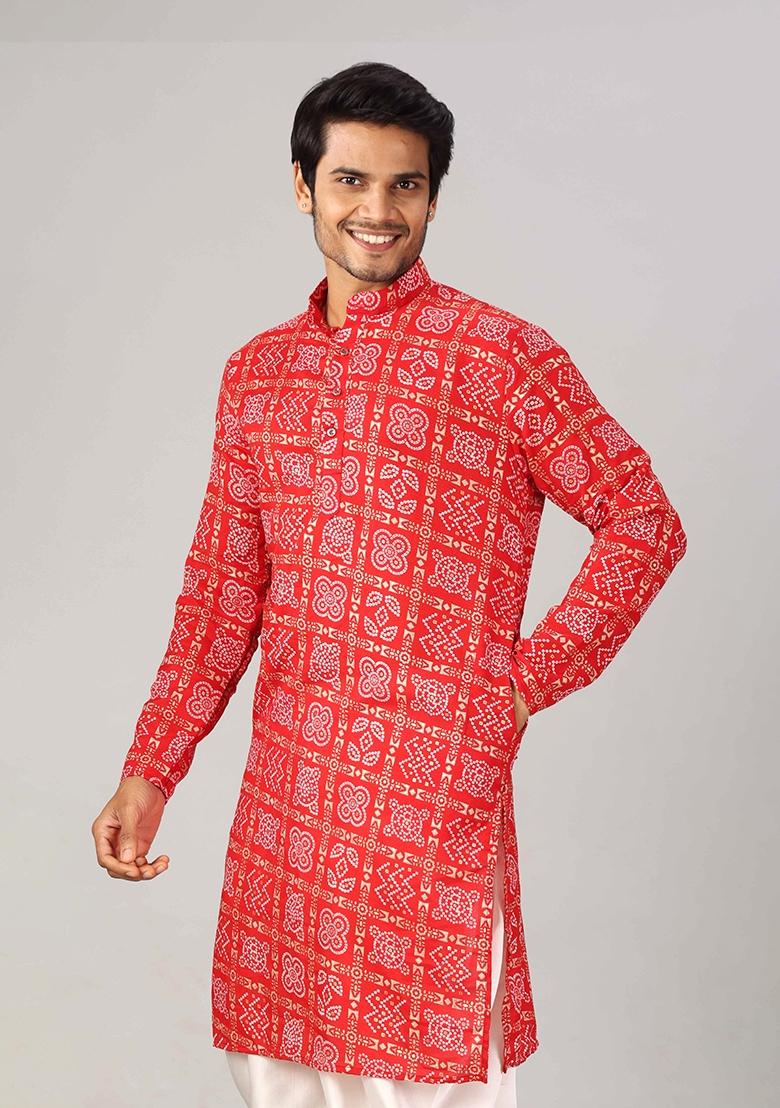 Red Printed Cotton Kurta For Men - Indya