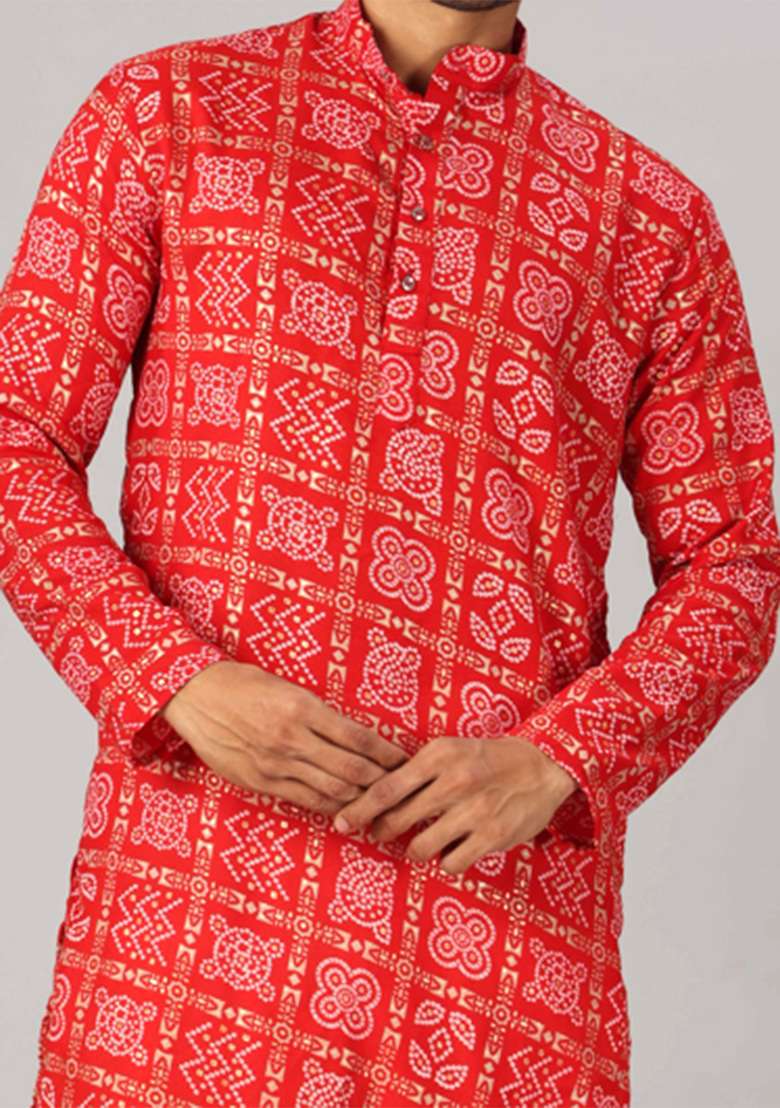 Red Printed Cotton Kurta For Men - Indya