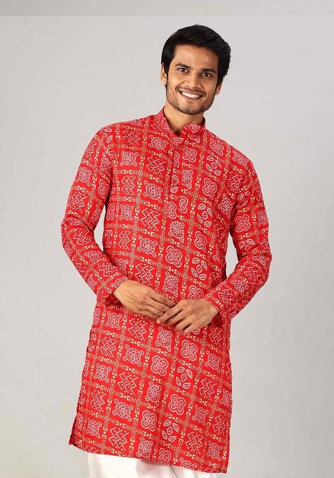 Red Printed Cotton Kurta For Men