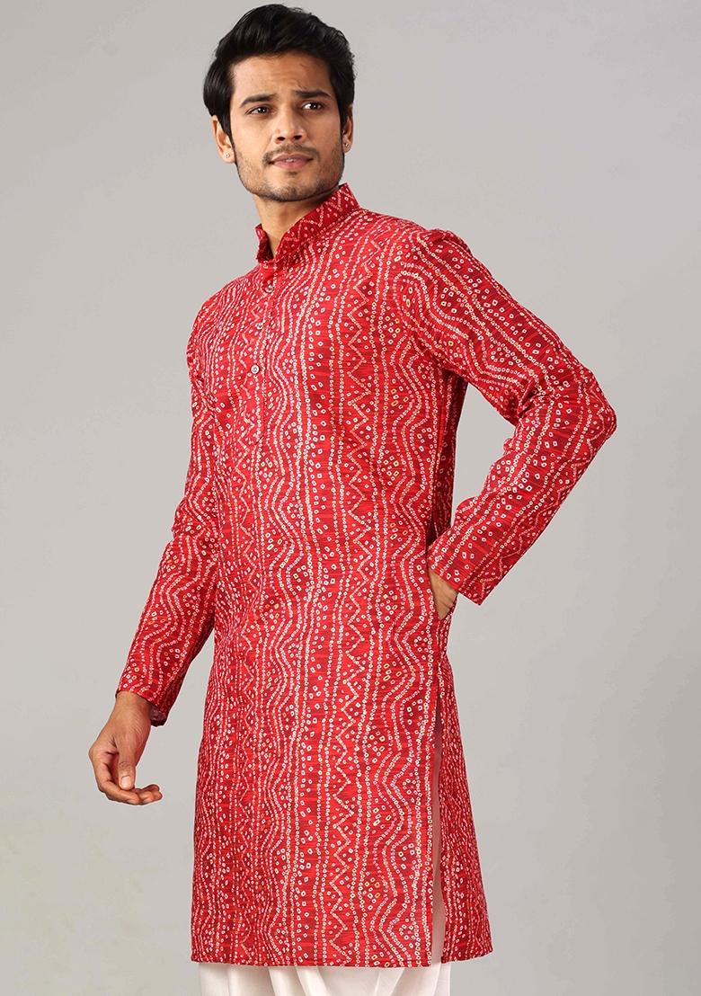 Red Printed Cotton Kurta For Men - Indya