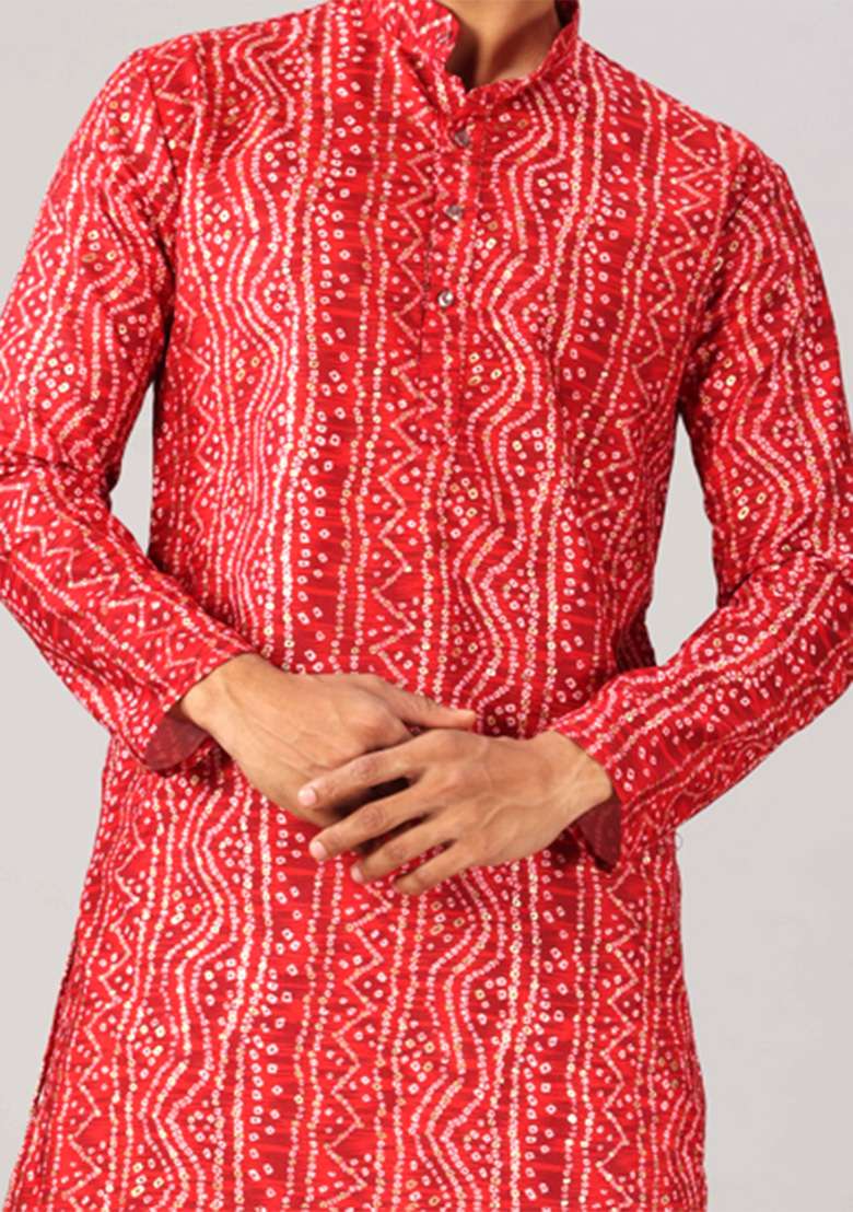Red Printed Cotton Kurta For Men - Indya