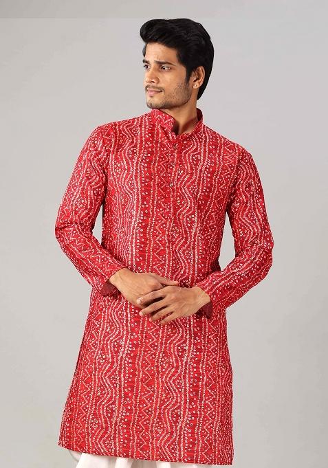 Red Printed Cotton Kurta For Men