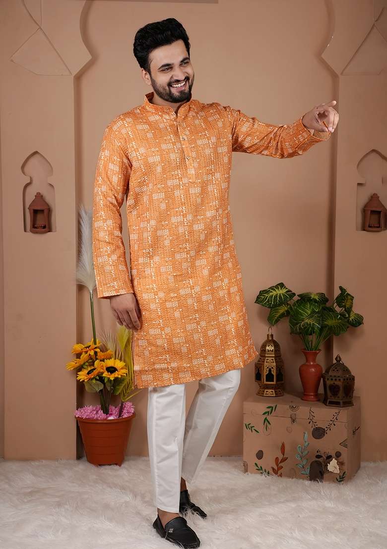 Yellow Printed Cotton Kurta For Men - Indya