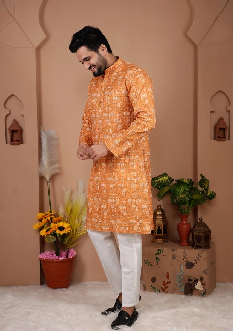 Yellow Printed Cotton Kurta For Men - Indya