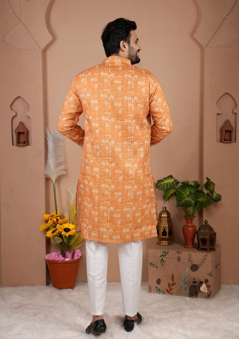 Yellow Printed Cotton Kurta For Men - Indya