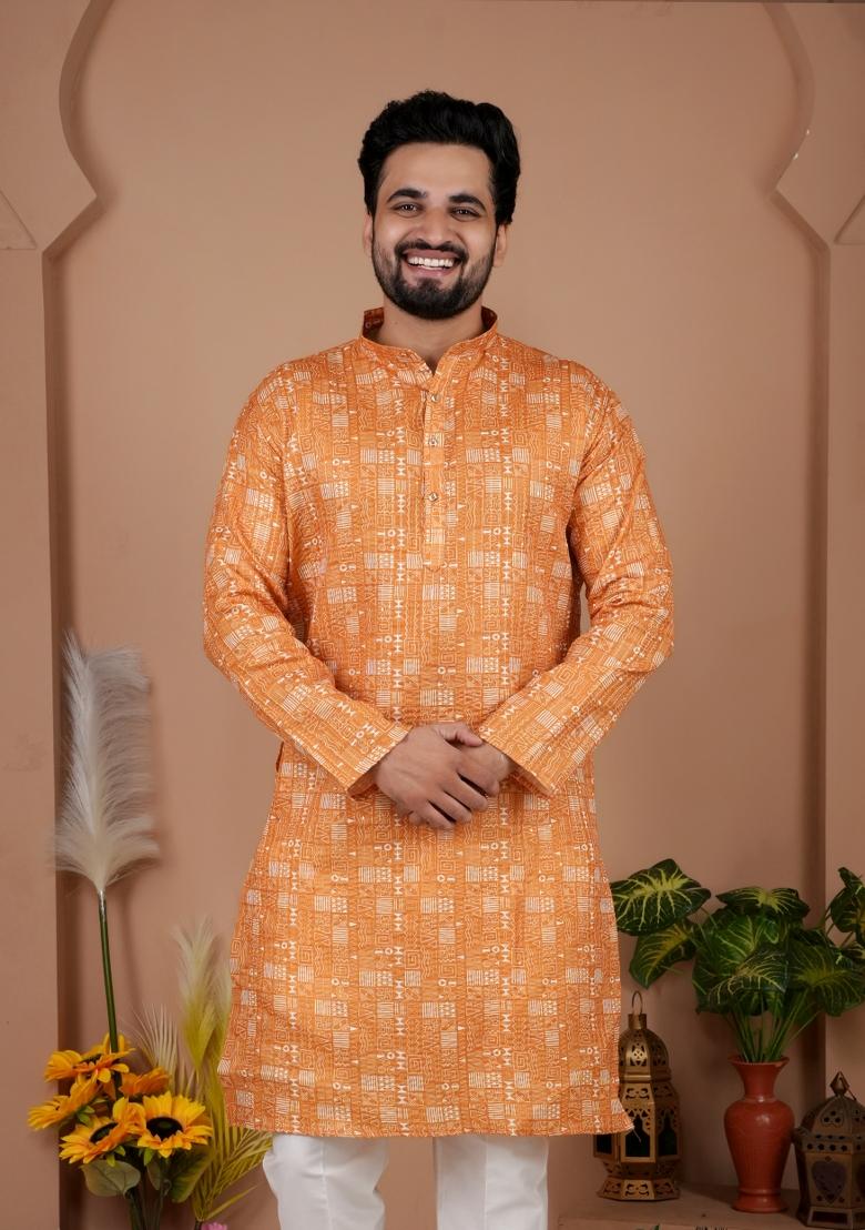 Yellow Printed Cotton Kurta For Men - Indya