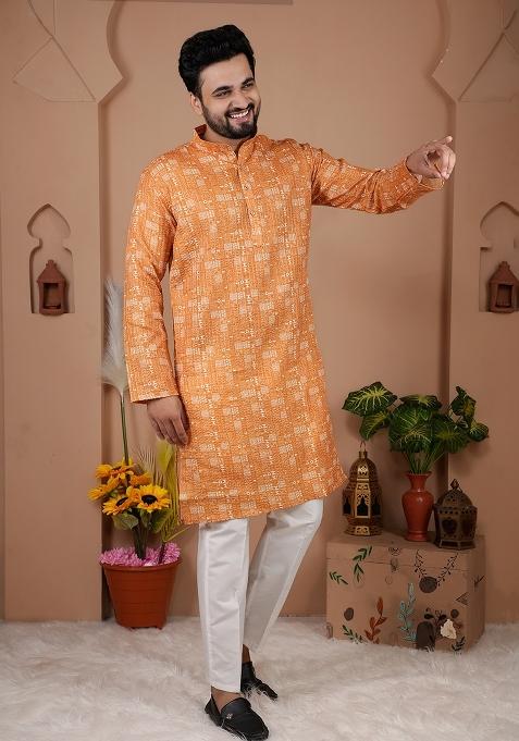 Yellow Printed Cotton Kurta For Men