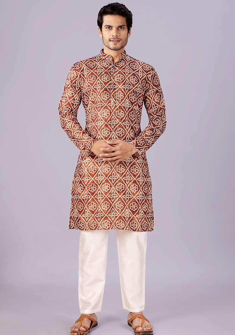 Brown Printed Cotton Kurta For Men - Indya