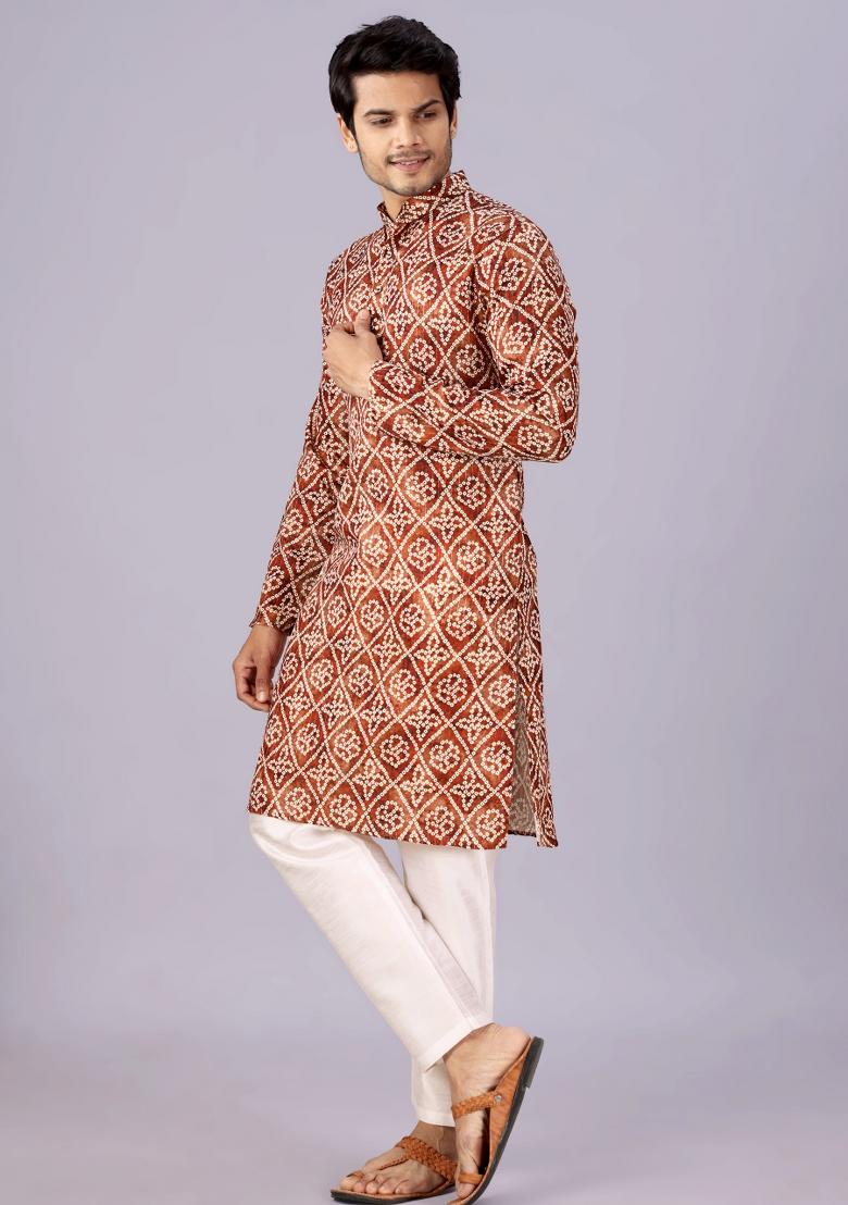Brown Printed Cotton Kurta For Men - Indya