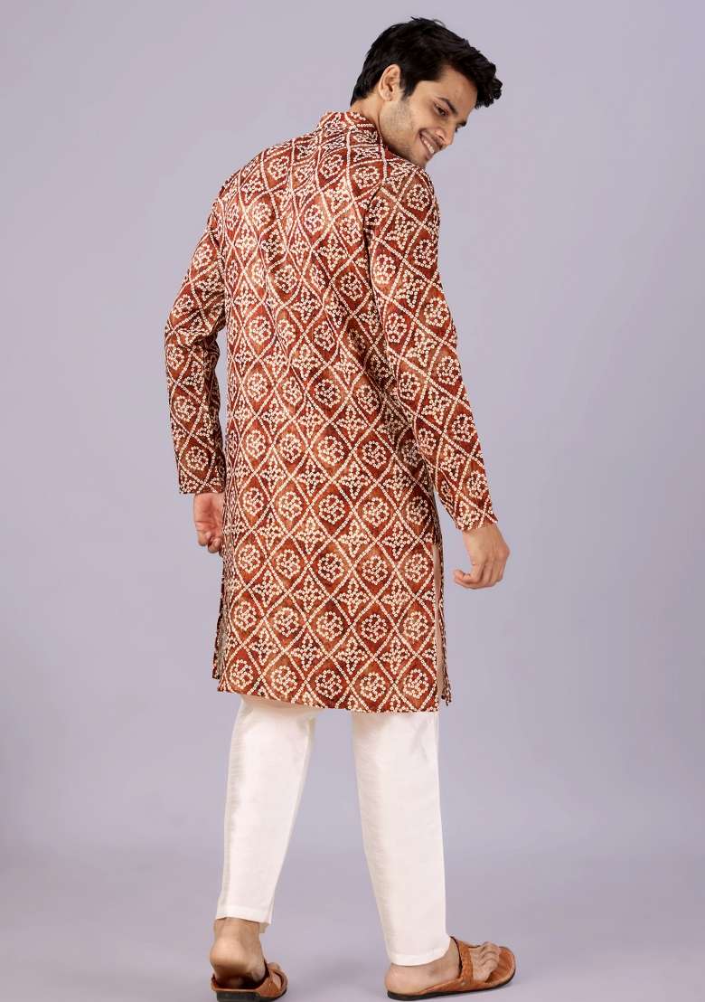 Brown Printed Cotton Kurta For Men - Indya
