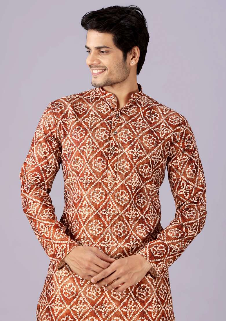 Brown Printed Cotton Kurta For Men - Indya
