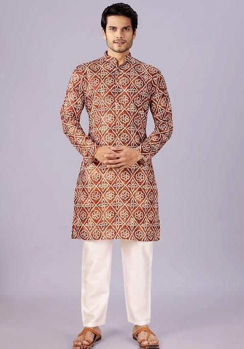 Brown Printed Cotton Kurta For Men