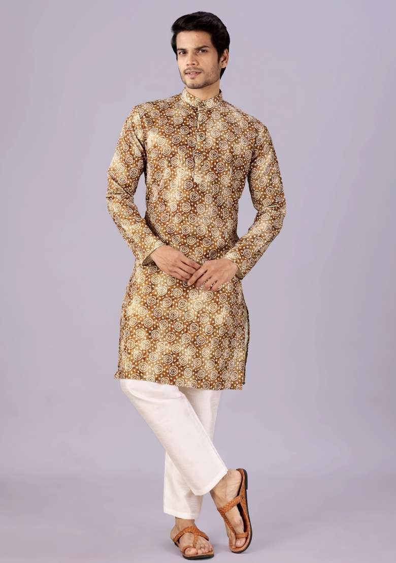 Brown Printed Cotton Kurta For Men - Indya