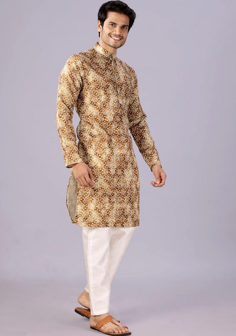 Brown Printed Cotton Kurta For Men - Indya