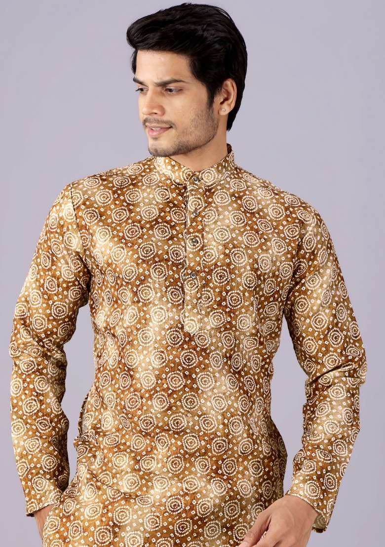 Brown Printed Cotton Kurta For Men - Indya