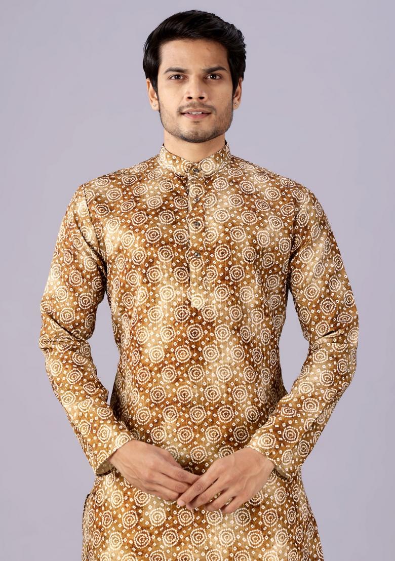 Brown Printed Cotton Kurta For Men - Indya