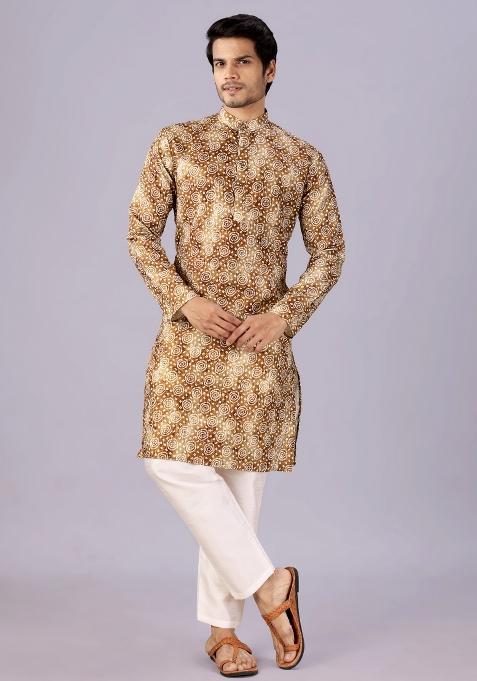 Brown Printed Cotton Kurta For Men