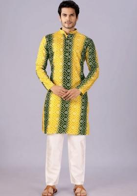 Mehendi And Yellow Printed Cotton Kurta For Men