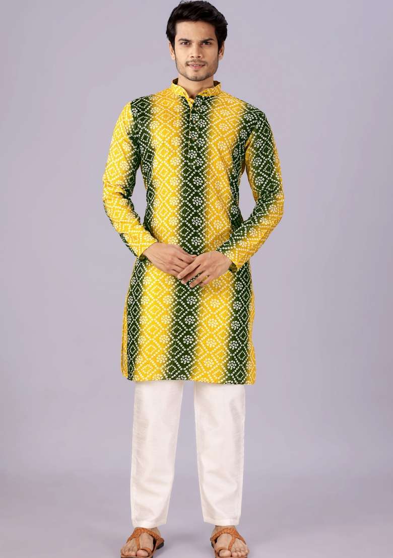 Mehendi And Yellow Printed Cotton Kurta For Men - Indya